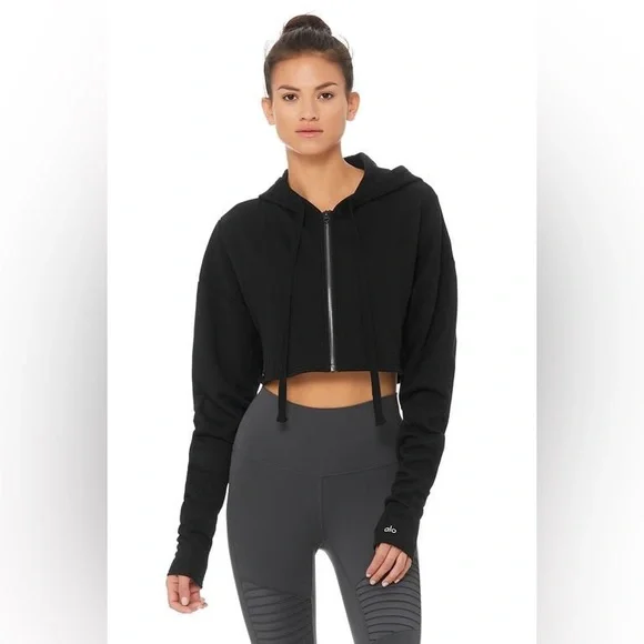 ALO Yoga Extreme Crop Zip Up Hoodie Black - Picture 2 of 13